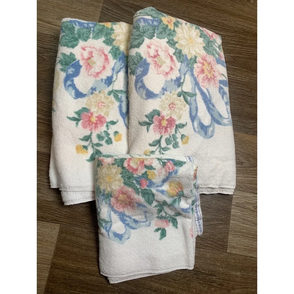 Waverly Vintage Cottagecore 100% Cotton Towel Set of 3 Made in USA 90s